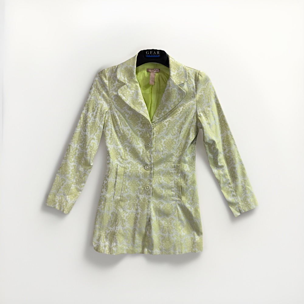 Forever 21 Women's Blazer Jacket Small Lime Green Jacquard Button Front Boho Y2K